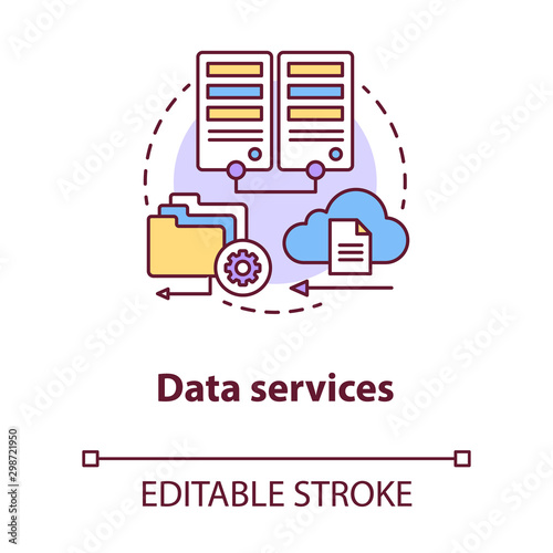 Data services concept icon. Managing user information idea thin line illustration. Databases and data servers. Files uploading on cloud. Vector isolated outline drawing. Editable stroke