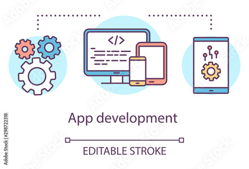 App development concept icon. Mobile device software programming toolkit idea thin line illustration. Application performance management. Vector isolated outline drawing. Editable stroke