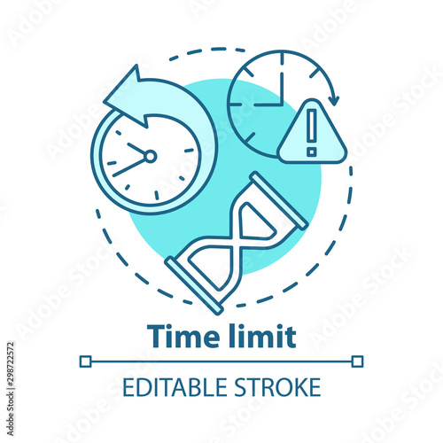 Time limit concept icon. Game timer idea thin line illustration. Different clock types. Stopwatch, hourglass. Time management. Vector isolated outline drawing. Time warning icon. Editable stroke