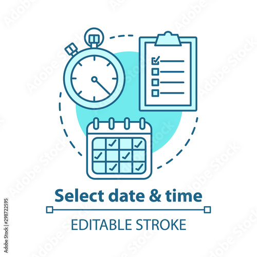 Select date and time concept icon. Choose day, hour thin line illustration. Making reservation. Time management, scheduling. Calendar, stopwatch. Vector isolated outline drawing. Editable stroke
