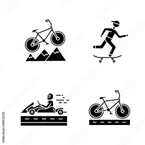 Extreme sports glyph icons set. Mountain cycling. Cross-country, downhill biking. Skateboarding. Karting, open-wheel motorsport. Bicycle racing. Silhouette symbols. Vector isolated illustration