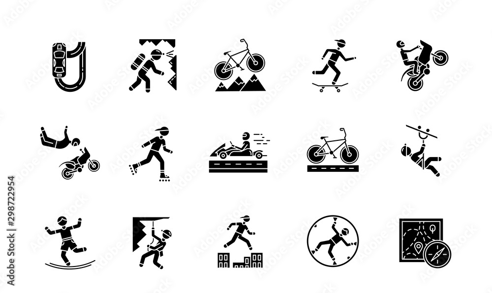 Fototapeta premium Extreme sports glyph icons set. Climbing, mountaineering. Spelunking. Cycling, rollerskating. Motorcar racing. Street culture. Orienteering skill. Silhouette symbols. Vector isolated illustration
