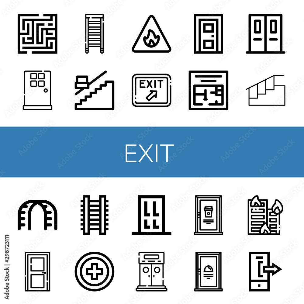 Vecteur Stock Set of exit icons such as Maze, Door, Ladder, Stair, Fire