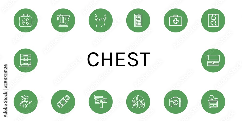 Set of chest icons such as First aid kit, Bench press, Breast