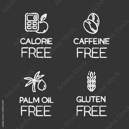 Product free ingredient chalk icons set. No calories, caffeine, palm oil, gluten. Healthy food. Low calories meals. Dietary without allergens and sweeteners. Isolated vector chalkboard illustrations