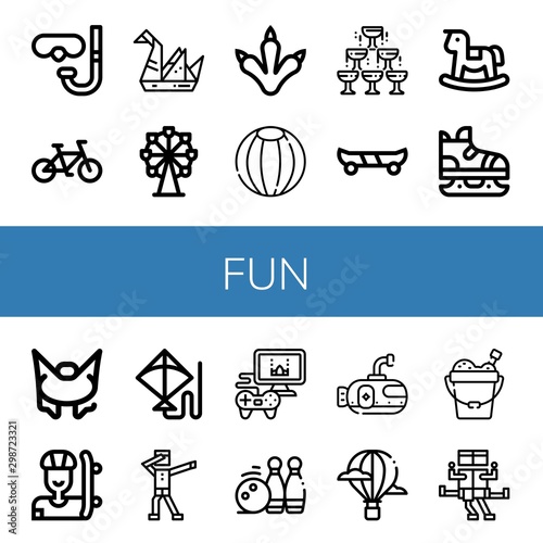 Set of fun icons such as Diving glasses, Bicycle, Origami, Ferris wheel, Claws, Beach ball, Champagne, Skate board, Rocking horse, Ice skate, Bungee jumping, Skater, Kite , fun
