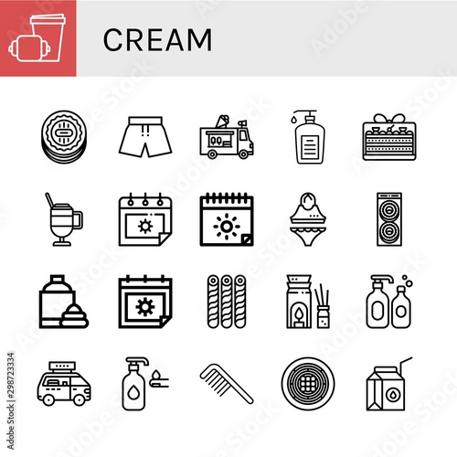 Set of cream icons such as Croissant, Cookie, Swimsuit, Ice cream truck, Liquid soap, Cake, Latte, Summer, Donut, Shaving cream, Wafer, Aromatherapy, Shampoo, Fast food ,