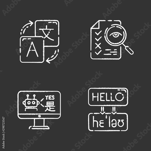 Machine translation services chalk icons set. Instant online translation. Multilingual chatbot. Artificial intelligence. Transcription and proofreading. Isolated vector chalkboard illustrations