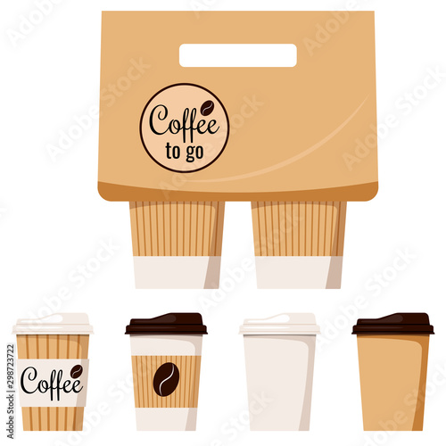 Kraft brown, white paper coffee cup with cap and holder isolated on white background icon set, front view