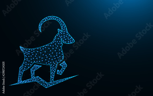 Powerful mountain goat low poly design, animal abstract geometric image, ibex wireframe mesh polygonal vector illustration made from points and lines on dark blue background