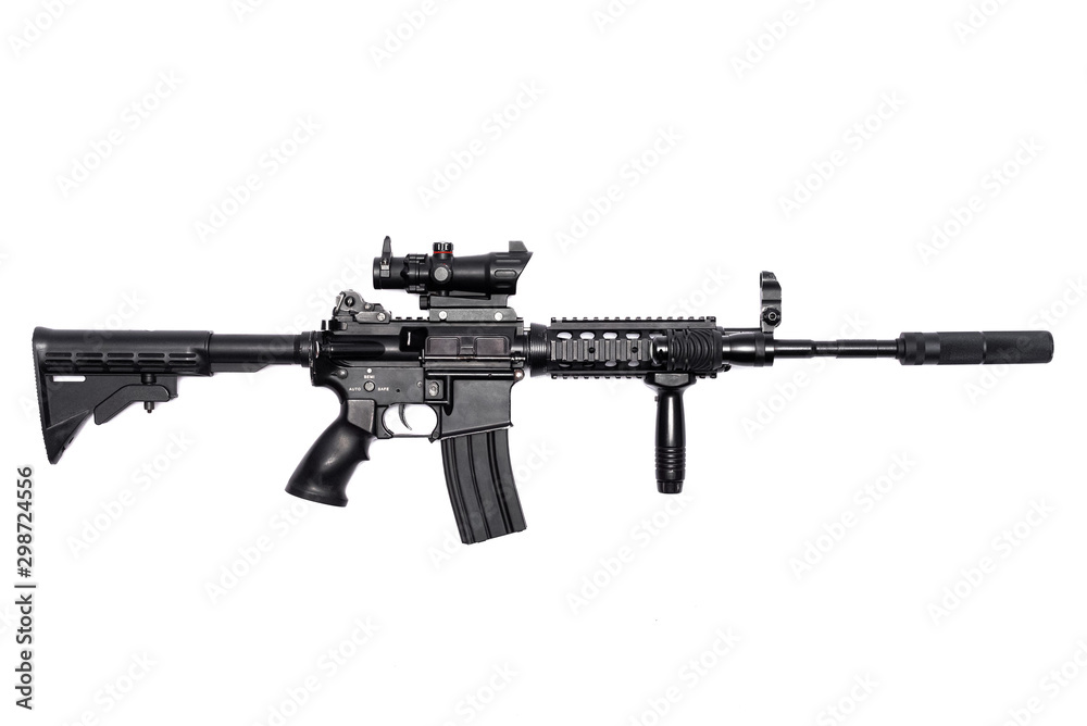 Airsoft rifle with silencer and collimator isolated on the white background. Top view.