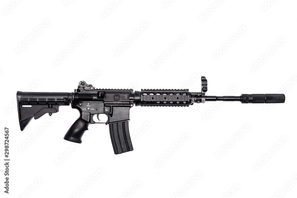 Airsoft rifle with silencer isolated on the white background. Top view. Airsoft rifle with silencer isolated on the white background. Top view.