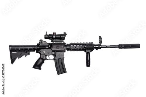 Valokuvatapetti Airsoft rifle with silencer and collimator isolated on the white background