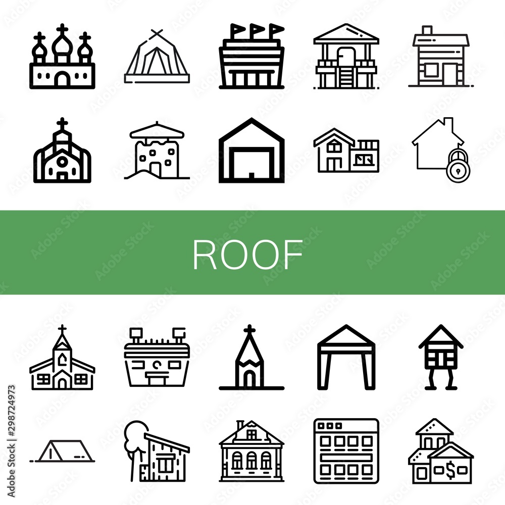 Set of roof icons such as Church, Tent, House, Stadium, Garage, Hut, Home, Cottage, Izba, Canopy, Tiles, Wooden house , roof
