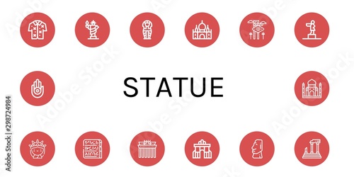 Set of statue icons such as Hawaiian, Statue of liberty, Sarcophagus, Taj mahal, Las vegas, Statue, Egypt, Brandenburg gate, Rua augusta, Moai, Parthenon, Jainism ,