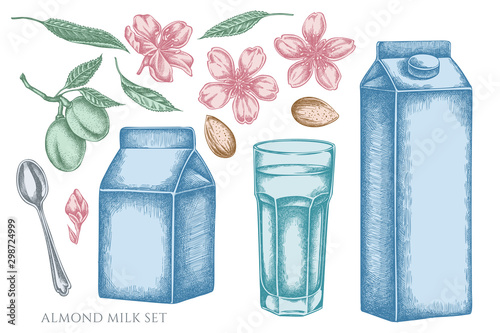 Vector set of hand drawn pastel almond, glass, milk boxes, teaspoon