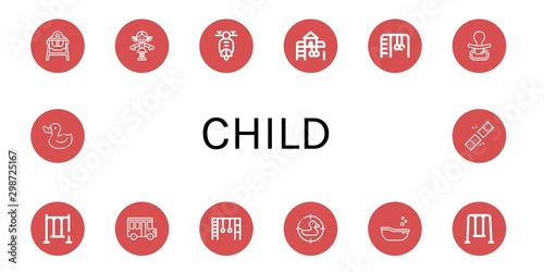 Set of child icons such as Feeding chair, Doll, Scooter, Playground, Monkey bars, Pacifier, Swing, School bus, Duck, Baby tub, Dominoes , child