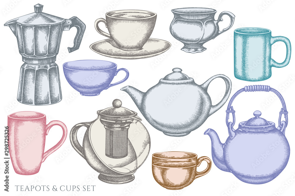 Vector set of hand drawn pastel coffee cups, teapots, coffee pot, cups Vector set of hand drawn pastel coffee cups, teapots, coffee pot, cups