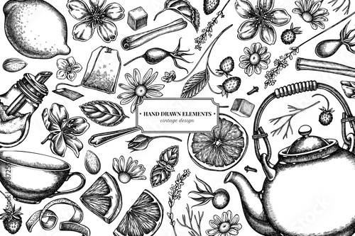 Design with black and white cinnamon, lemons, oranges, tea bag, sugar cubes, heather, chamomile, dog rose, peppermint, almond, strawberry, teaspoon, teapots, cups, sugar bowl