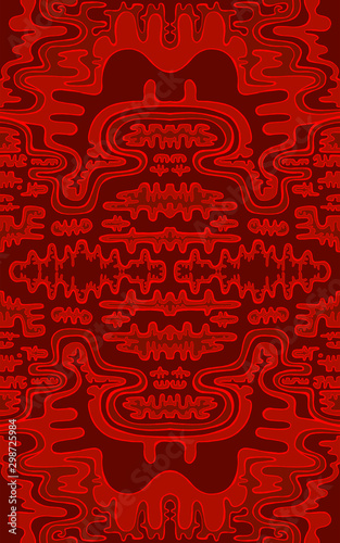 Psychedelic trippy colorful fractal mandala, scarlet color outline, on dark red background.