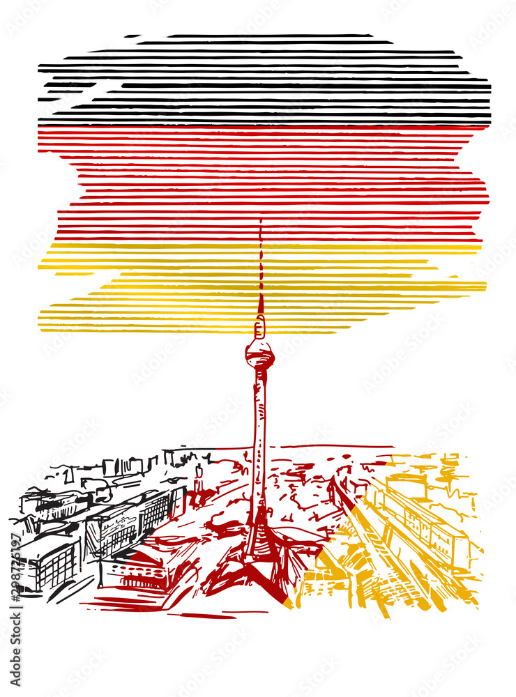 Ilustracja przedstawiająca flagę Niemiec z przykładowym zabytkiem architektonicznym