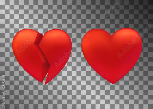Set of heart icon. Broken and whole sign. UI game element. Symbol of love and Valentine s Day