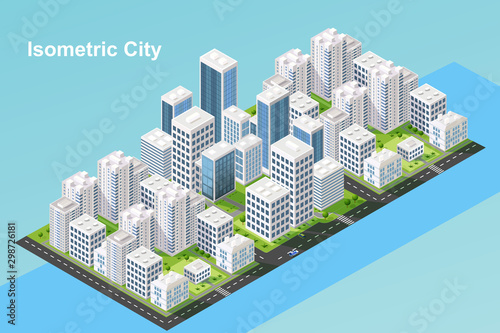 Isometric urban megalopolis top view of the city infrastructure town, street, houses, architecture 3d elements different buildings