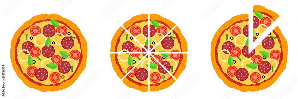 Whole and chopped pizza icon. Vector collection on white background ...