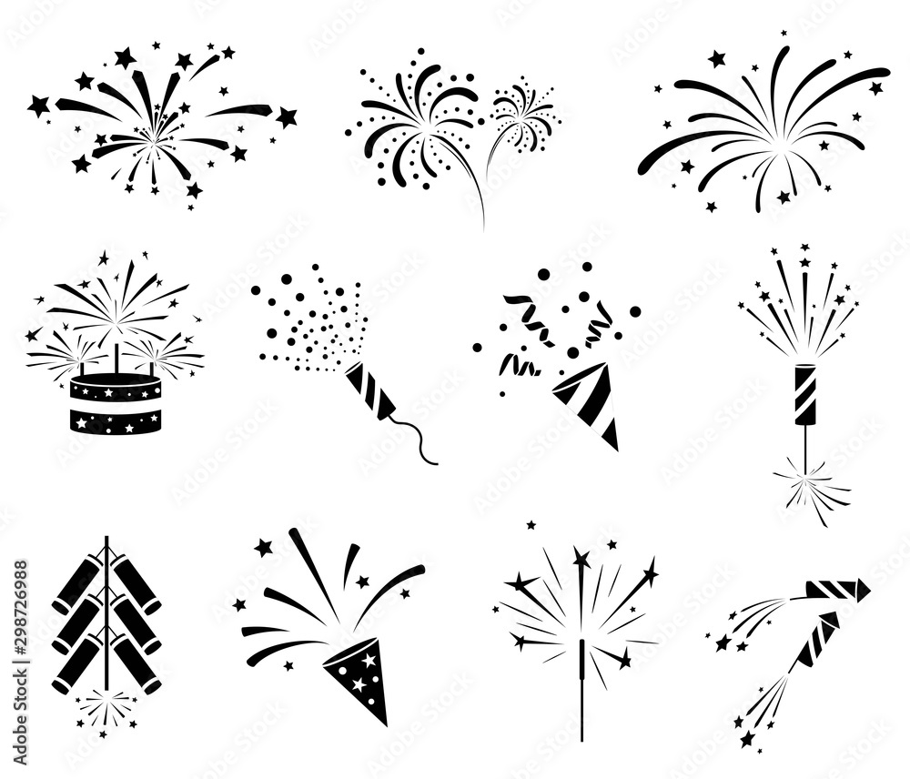 Firework  icon set. Firecracker, petard and stars. Happy New year, Holiday and party firework icons collection. Black silhouette isolated on white background. Vector illustration