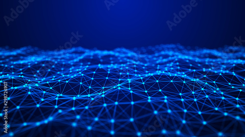 Wave with connecting dots and lines. Futuristic blue dots background with a dynamic wave. 3d rendering.
