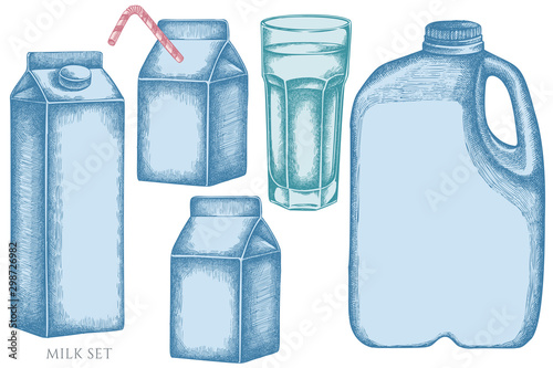 Vector set of hand drawn pastel glass, milk boxes, gallon of milk