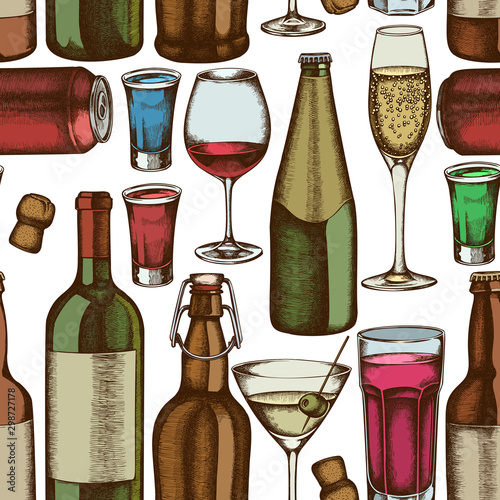 Seamless pattern with hand drawn colored glass, champagne, mug of beer, alcohol shot, bottles of beer, bottle of wine, glass of champagne, glass of wine, glass of martini, aluminum can
