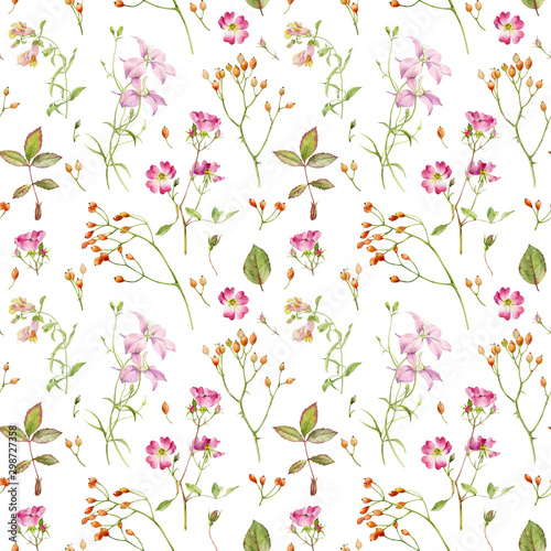 Pattern with a graceful, delicate branches and flowers. Watercolor flowers delphinium, rose hips, snapdragon and other decorative twigs.