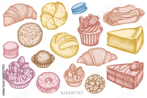 Vector set of hand drawn pastel macaron, buns and bread, croissants and bread, cheesecake, eclair, cupcake, cake, donut, cookie, truffle, cake, tartlet