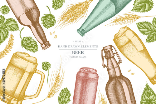 Design with pastel rye, hop, mug of beer, bottles of beer, aluminum can