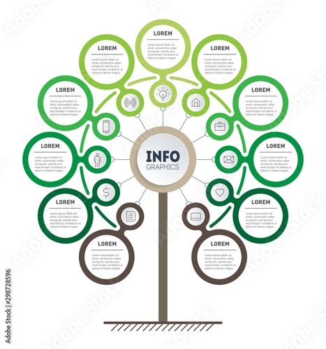 Infographic of technology or education process. Template of tree, info chart or diagram. Vertical eco Business presentation concept with eleven options. Annual report is segmented into 11 parts.