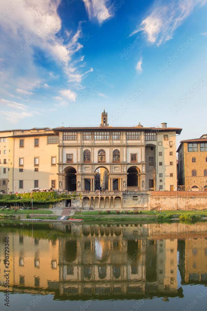 Beautiful view of the Uffizi Gallery on the banks of the Arno River in Florence, Italy