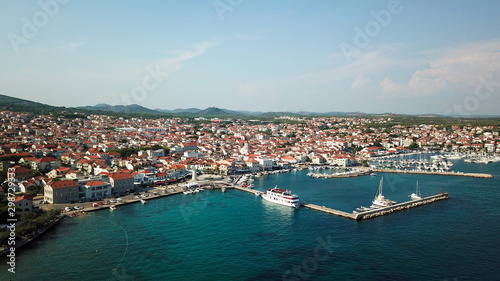 Aerial shot of the Vodice beach near the town of Sibenik,Croatia. A famous tourist destination on the Adriatic sea