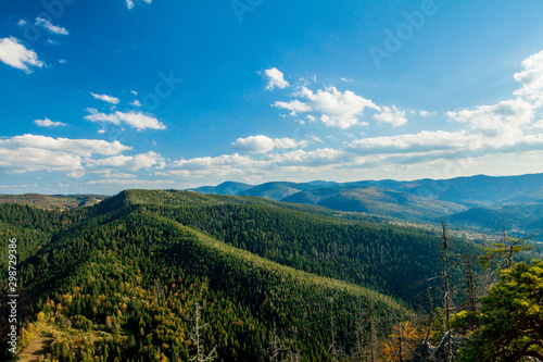Beautiful mountain landscape, with mountain peaks covered with forest and a cloudy sky. Ukraine mountains, Europe