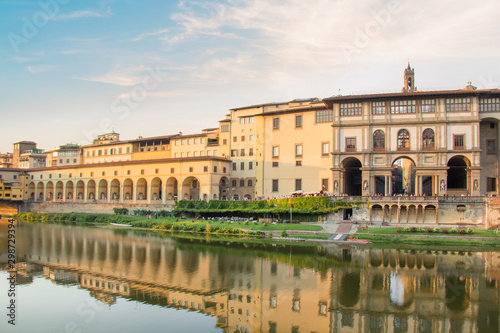 Beautiful view of the Uffizi Gallery on the banks of the Arno River in Florence, Italy