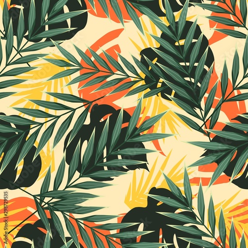 Bright tropical seamless pattern with jungle plants. Exotic background with tropical leaves. Vector