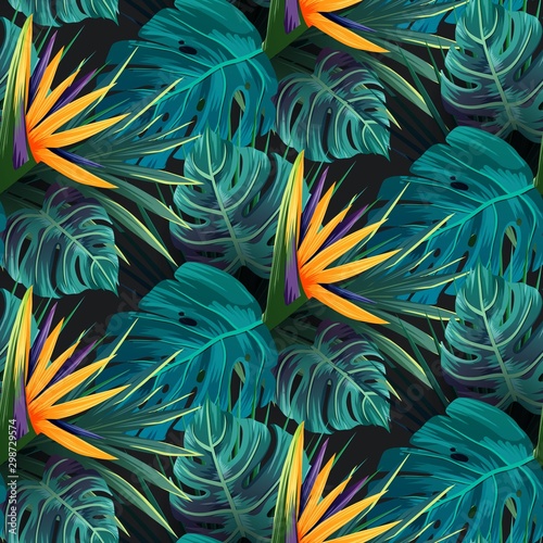 Bright tropical seamless pattern with jungle plants. Exotic background with tropical leaves. Vector