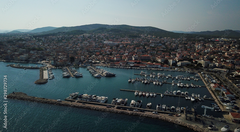 Aerial shot of the Vodice beach near the town of Sibenik,Croatia. A famous tourist destination on the Adriatic sea