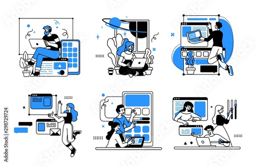 Designing Developing and programming technologies illustrations. Collection of scenes at office. Outline vector style.