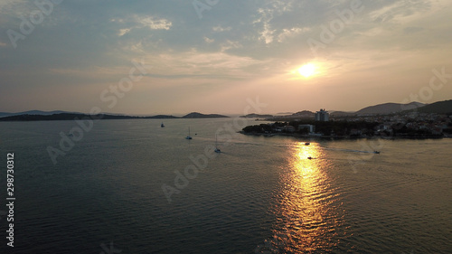 Aerial sunset shot of the Vodice beach near the town of Sibenik,Croatia. A famous tourist destination on the Adriatic sea