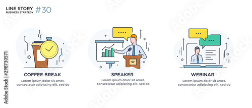 Set of illustrations concept with business concept. Workflow, growth, graphics. break, rest, presentation, online, school. linear illustration Icons infographics. Landing page site print poster. Line