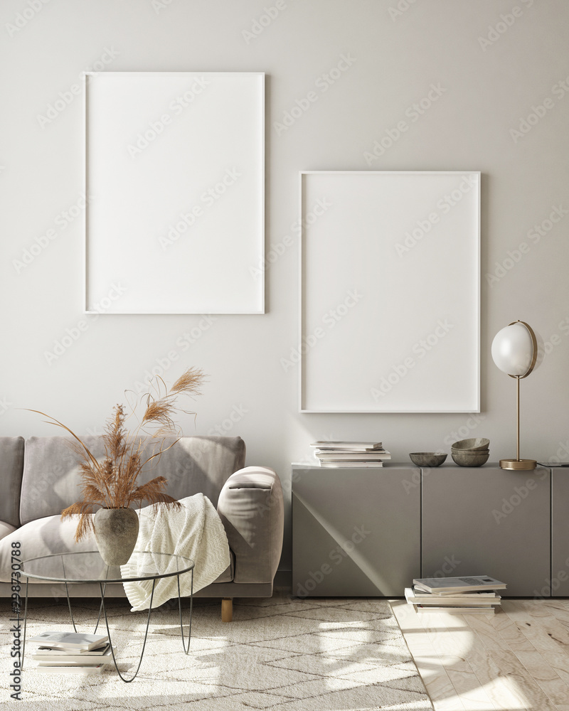 Fototapeta mock up poster frames in modern interior background, living room, Scandinavian style, 3D render, 3D illustration