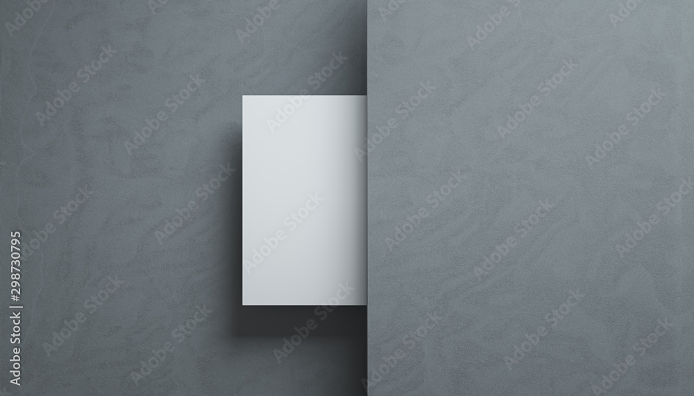Blank small white banner between grey walls. 3D render. Blank small white banner between grey walls. 3D render.
