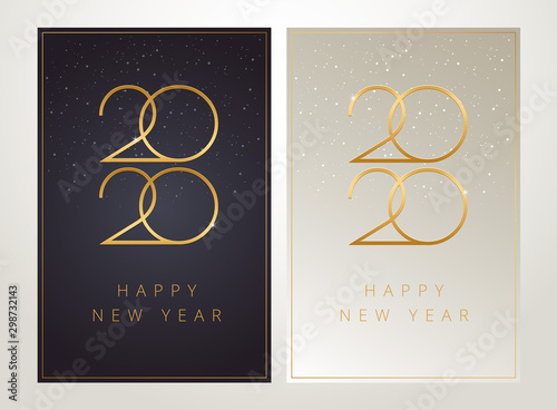 2020 Happy New Year greeting cards - black and golden with luxury 2020 logo text and flying golden holiday confetti background. Vector New Year illustration