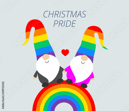 Christmas Pride celebration party funny greeting card with cute Santa elves gnomes in rainbow hats, and rainbow flag. Vector Christmas Pride illustration